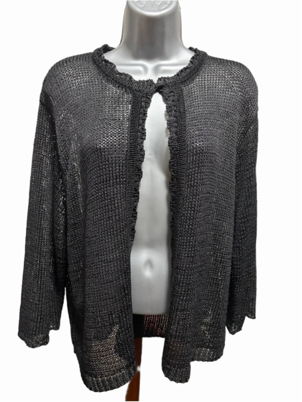 Sag Harbor Black Open-Knit Crochet Cardigan — Size XL, Sheer Boho Sweater